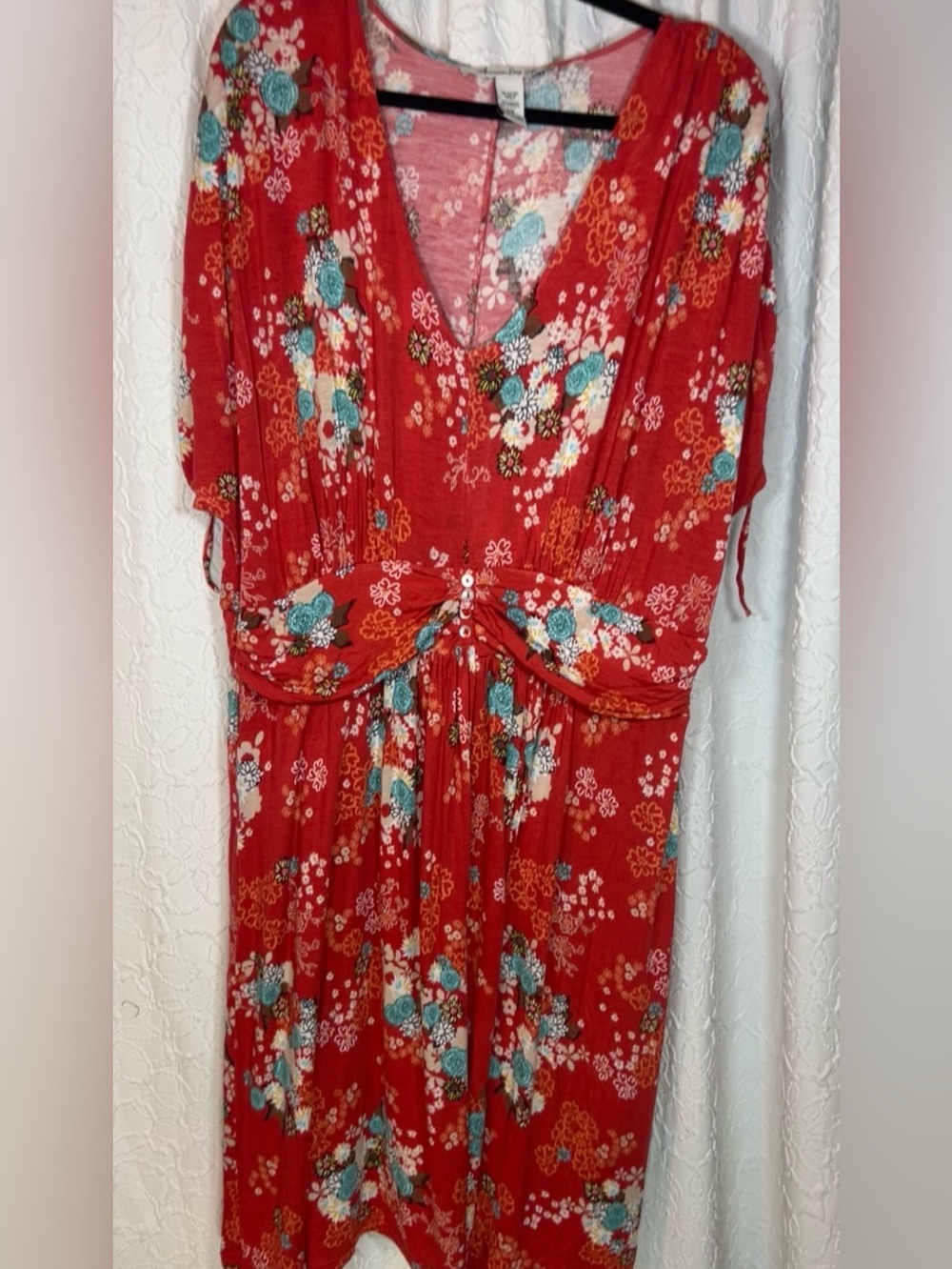 American rag 3X Red Floral V-Neck Midi Dress